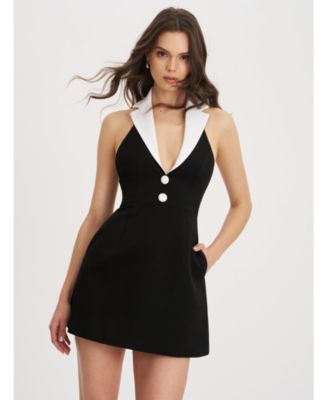 Women Ignacia Office Casual Black and White Halter Mini A-line Dress