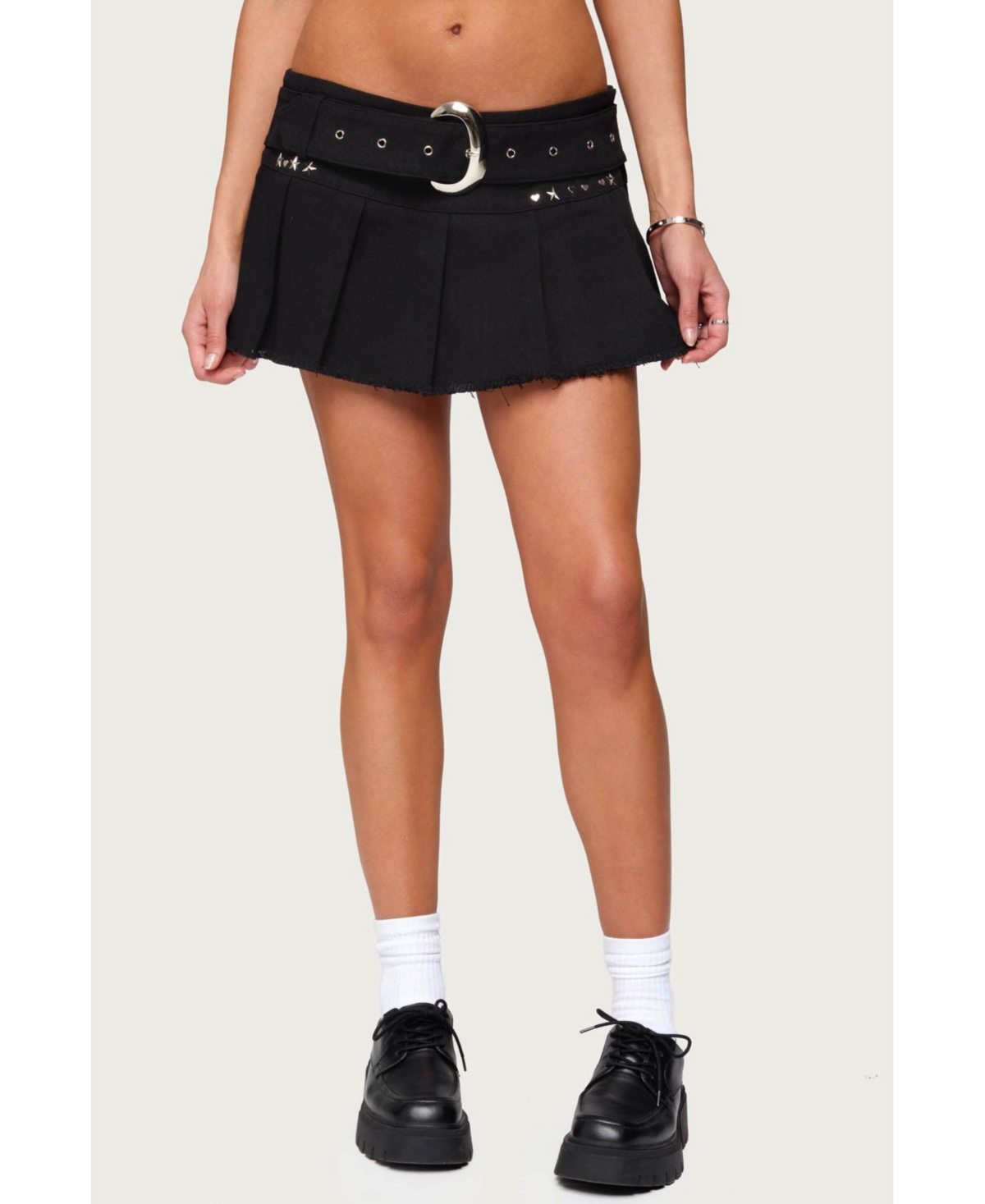 Womens Kore Belt Pleated Denim Micro Skort - Black