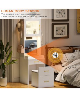 3-in-1 Vanity Desk with LED Sensor Light, Flip Mirror and Drawers