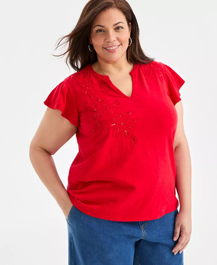 Plus Size Embroidered Flutter-Sleeve Knit Top