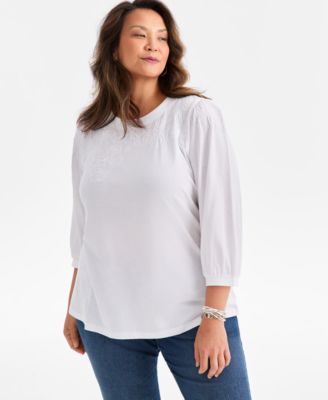 Plus Size Floral Embroidery Shine Knit Top