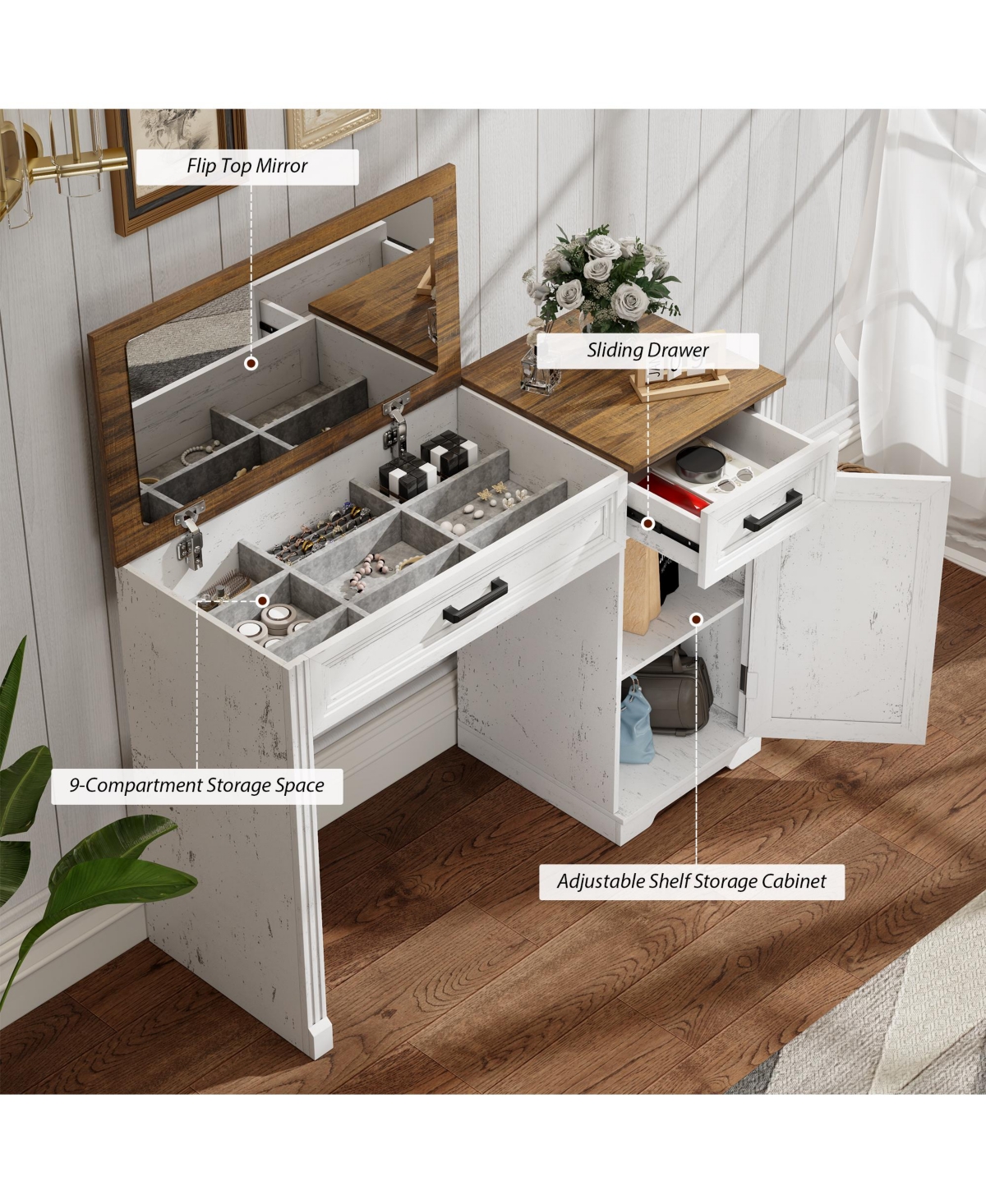 Vlsrka Vanity desk with mirror and storage drawers.