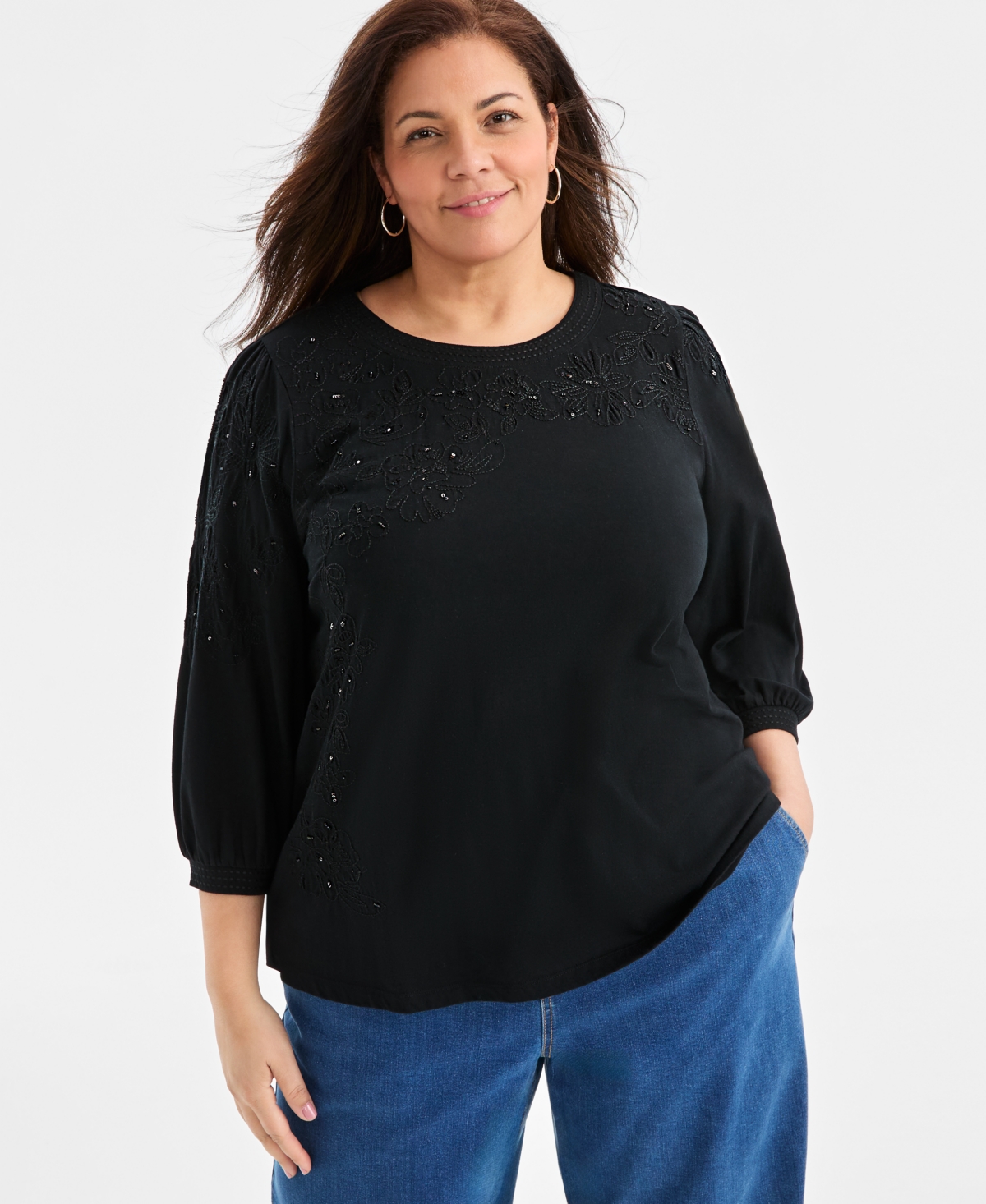 Style & Co Plus Size Embellished Floral Crewneck Top, Macy's Exclusive - Deep Black
