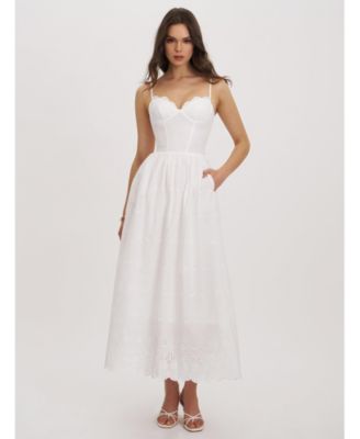 Women's Oberon White Cotton Eyelet Lace-Up Back Maxi Dress