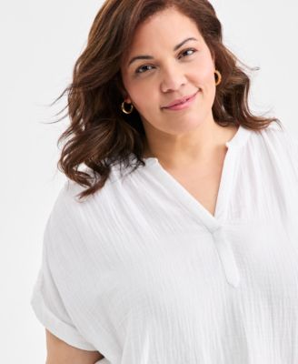 Plus Size Cotton V-Neck Dolman-Sleeve Top