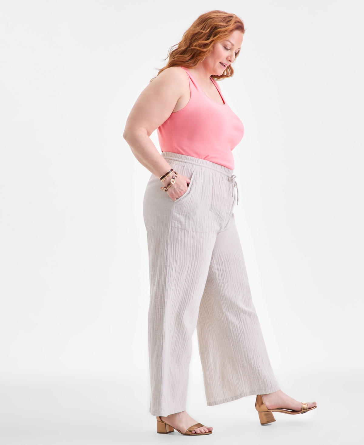 Style & Co Plus Size Gauze Wide-leg Pull-on Pants, Created For Macy's In White