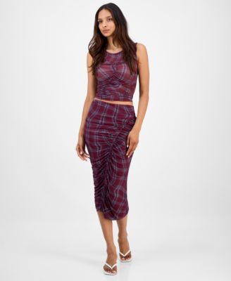 Bar III - Women's Plaid Mesh Ruched Bodycon Midi Skirt