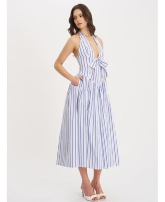 Women's Mackenna Navy Stripe Halter Smock Back Maxi Dress