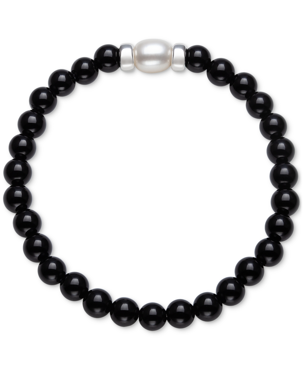 Onyx & Cultured Freshwater Pearl (7-8mm) Stretch Bracelet in Sterling Silver (Also in Rose Quartz) - Rose Quartz