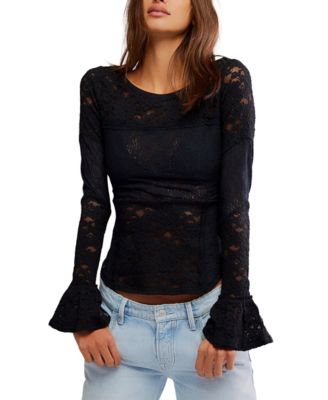 Free People - Women's Flared-Sleeve Sheer Lace Top