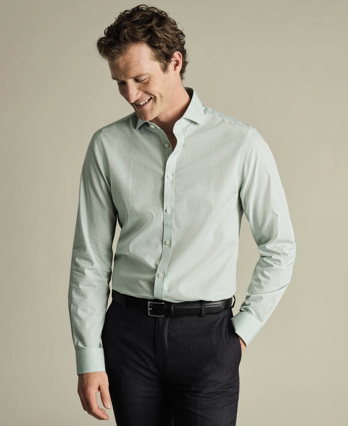 Charles Tyrwhitt Non-iron Poplin Gingham Shirt In Green
