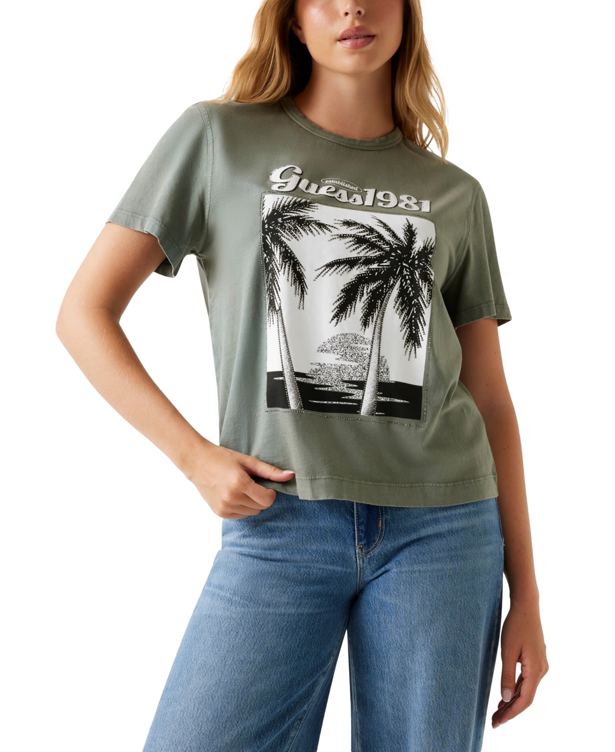 Guess Women's Palm Print Crewneck T-shirt In Gray