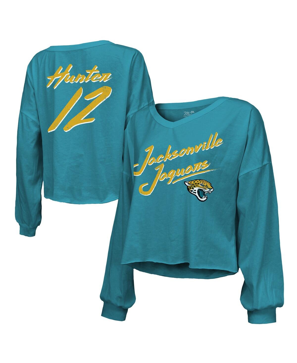 Women's Travis Hunter Teal Jacksonville Jaguars 2025 Nfl Draft First Round Pick Off-Shoulder Script Name Number V-Neck T-Shirt - Teal