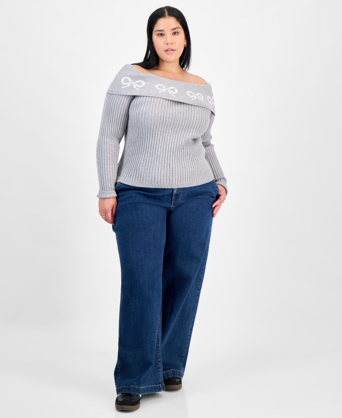 Madden Girl Trendy Plus Size Heart Off-the-shoulder Sweater In Gray
