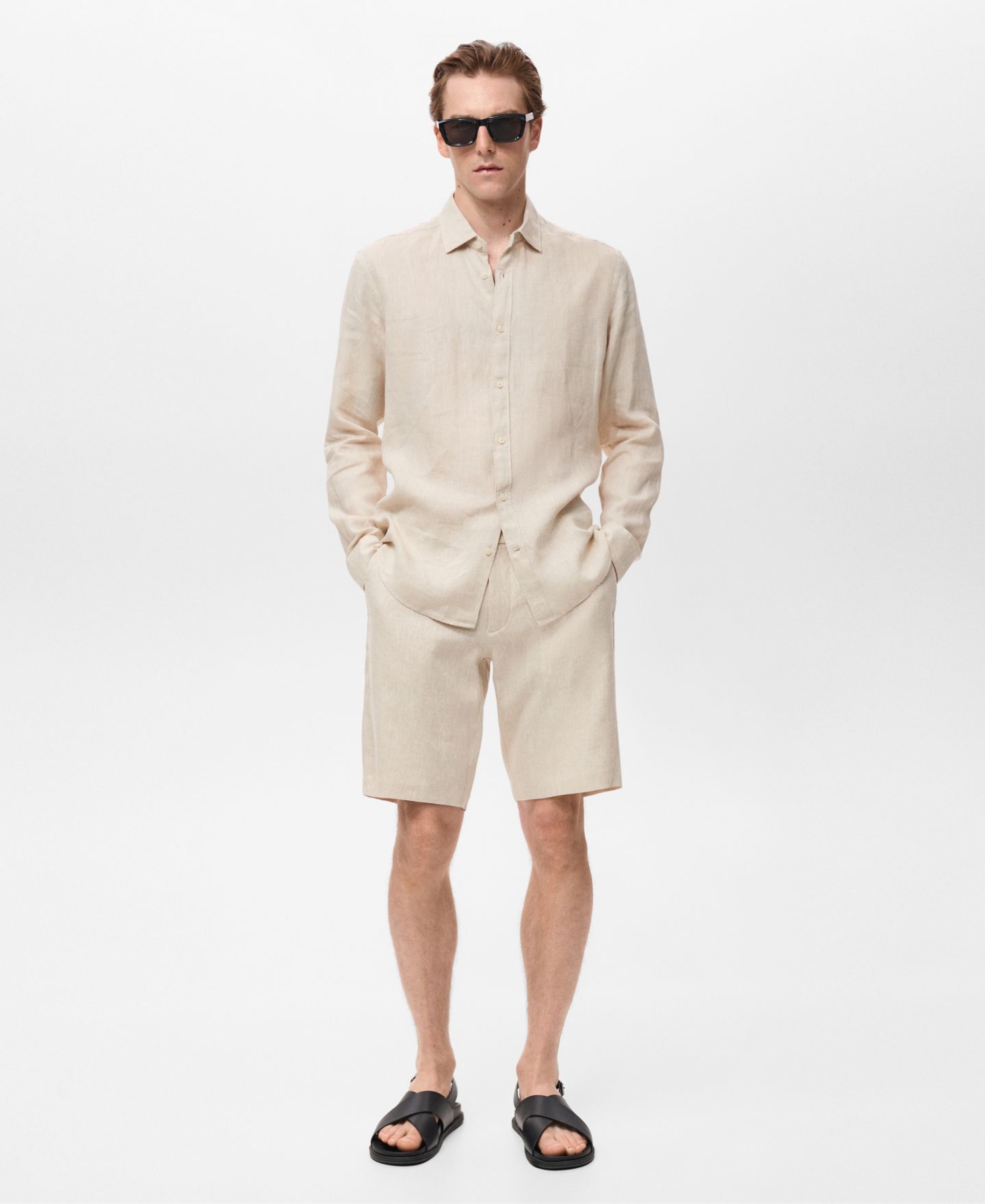 Мужские шорты MANGO Slim-Fit Linen Bermuda, цвет: Экрю — фото 5
