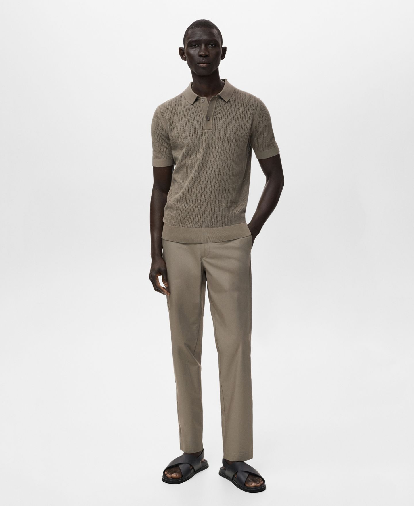 Мужское поло MANGO Openwork Knitted Cotton Polo Shirt, цвет: Тёмный зелёный — фото 2
