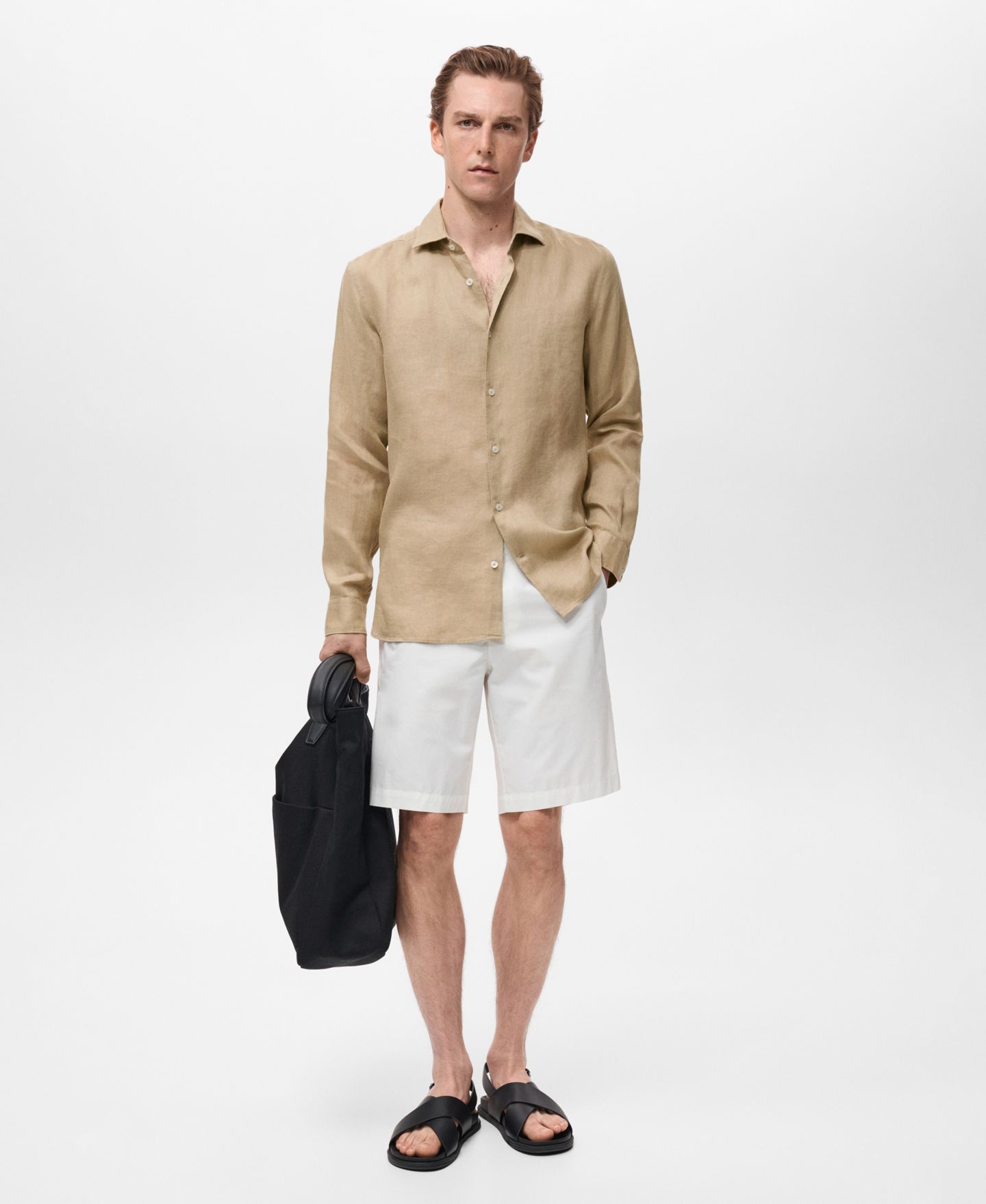 Мужская рубашка Mango Linen Slim-Fit, цвет: Бежевый — фото 2