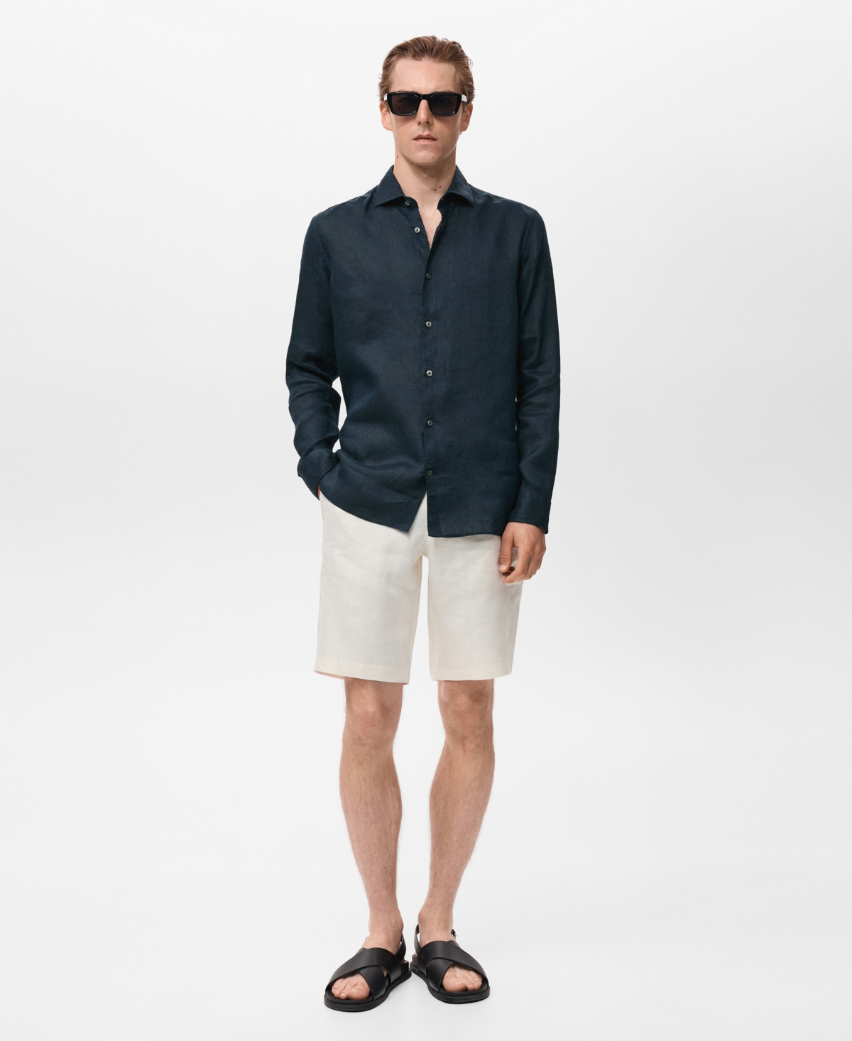 Mango Slim Fit Linen Button-up Shirt In Blue