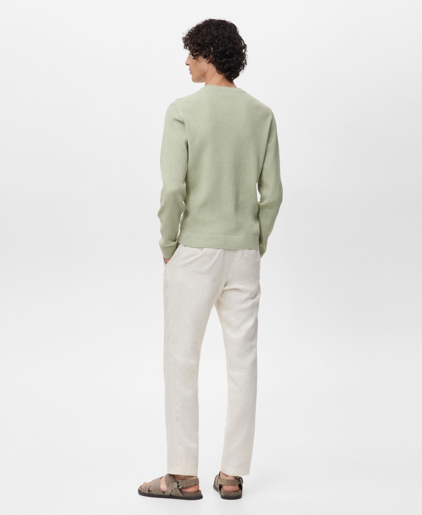 Мужской свитер MANGO Fine Rib-Knit Cotton, цвет: Зелёный — фото 3