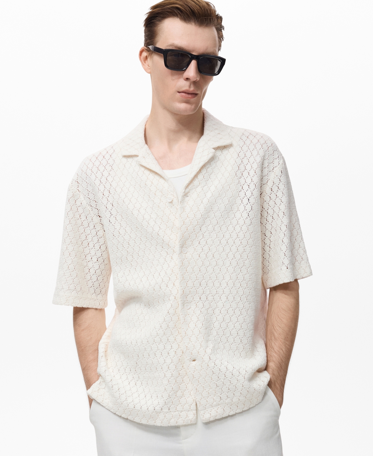 Mango Men's Openwork Detail Cotton Shirt In White