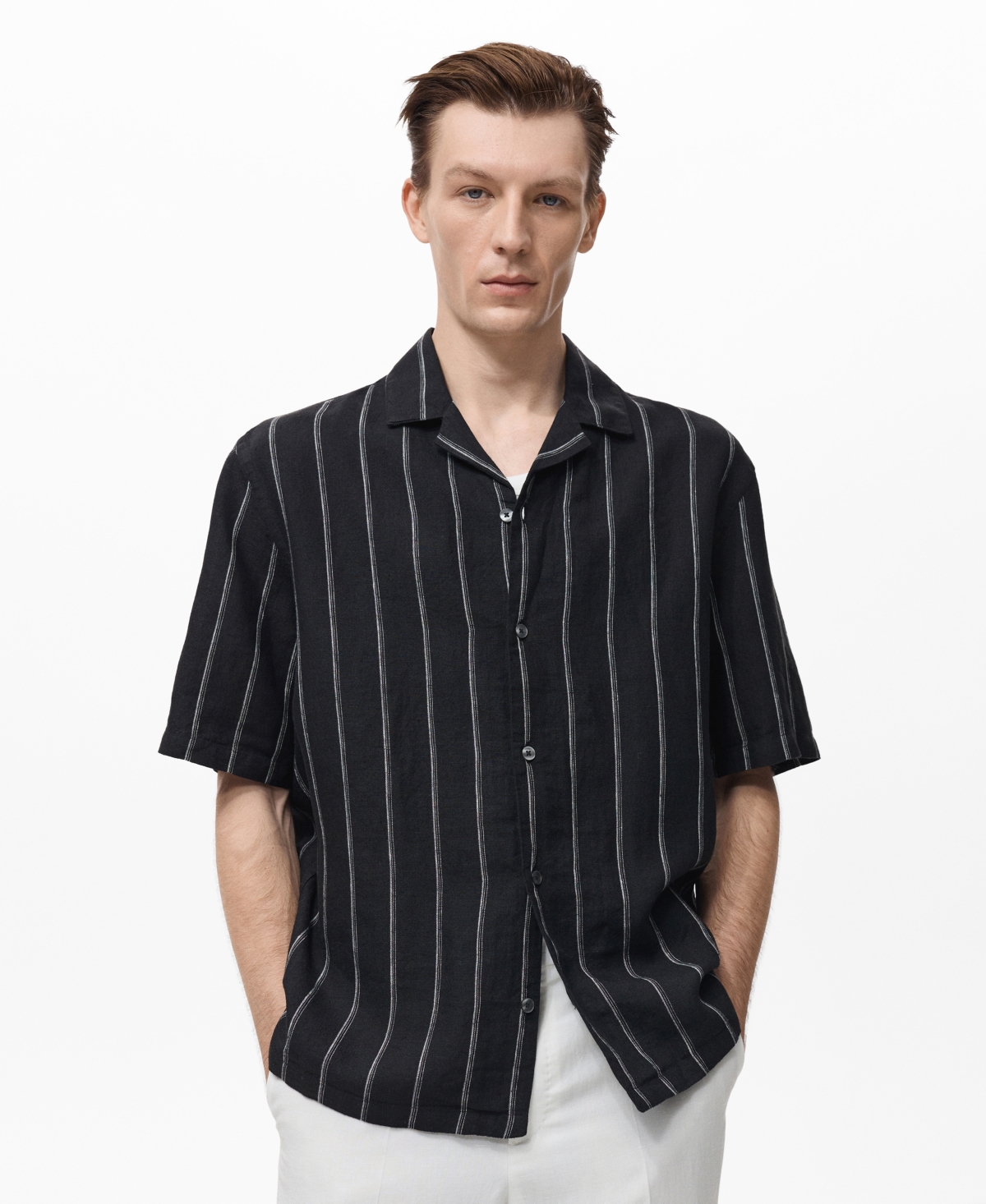 Men's Linen Short-Sleeve Striped Shirt - Black