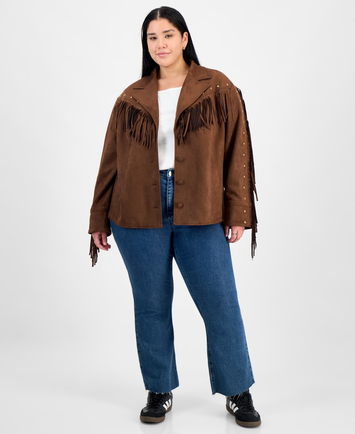 And Now This Trendy Plus Size Fringed Faux-suede Jacket, Macy's Exclusive In Brown