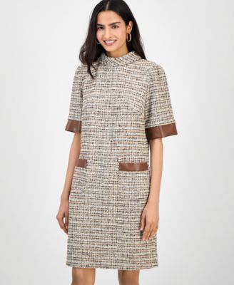 Women's Faux-Leather-Trim Tweed Shift Dress