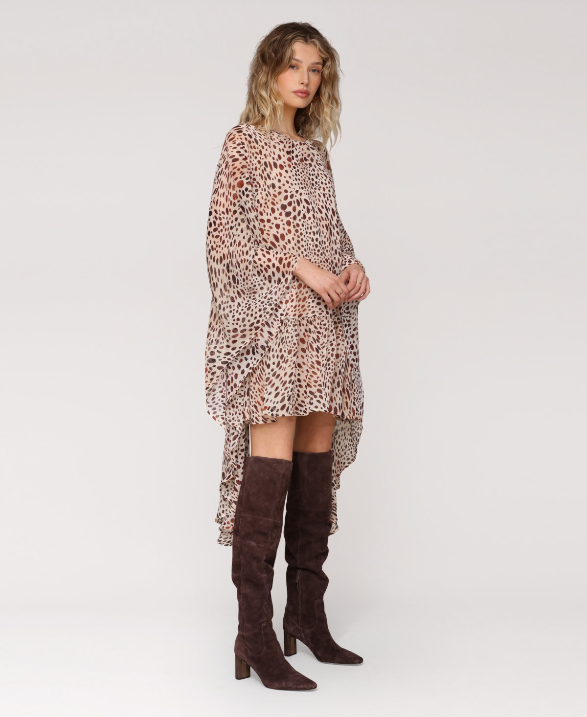 Avec Les Filles Long-sleeve Ruffle Swing Mini Dress In Brown