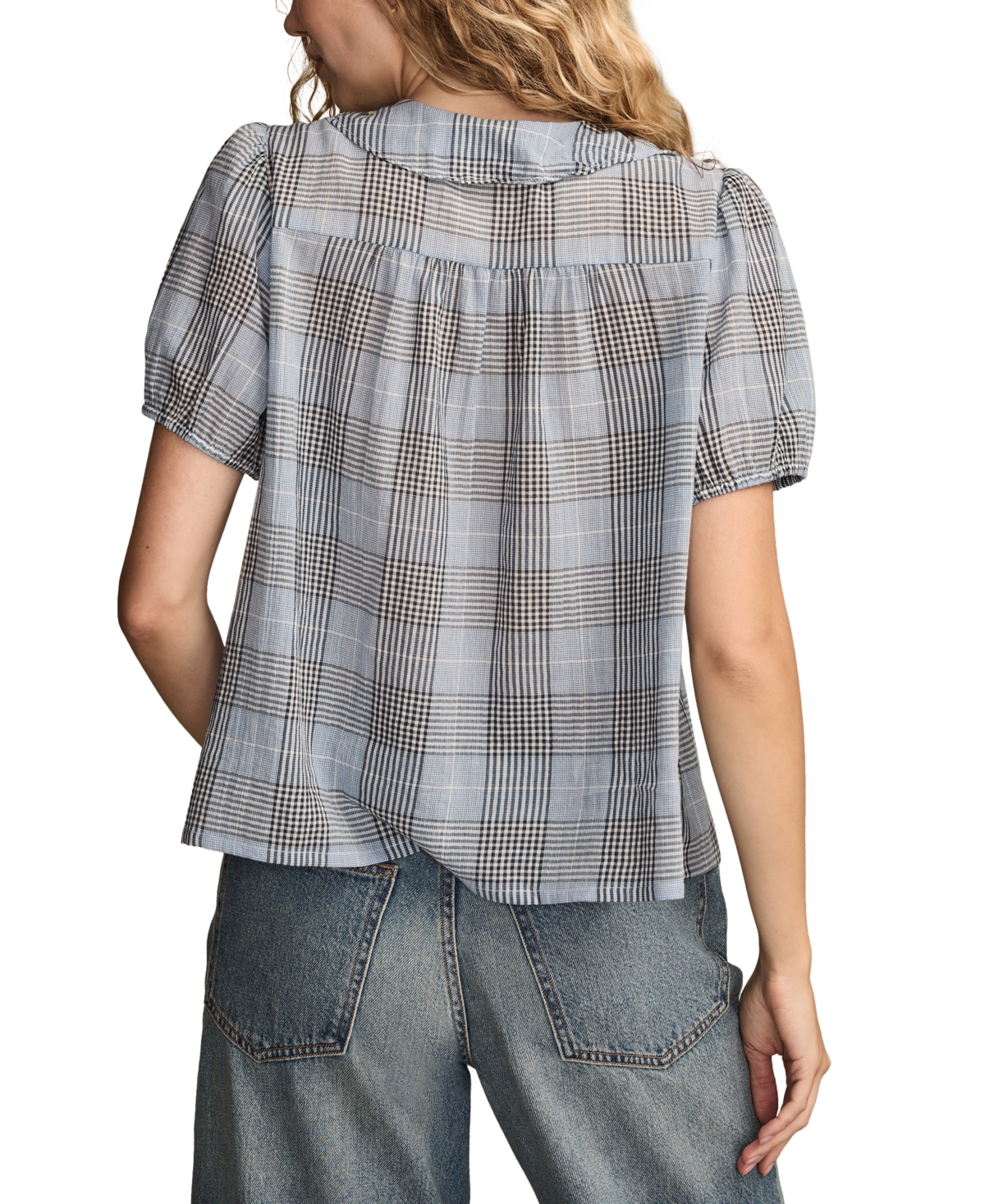 Lucky Brand Women's V-neck Cotton Ruffle-trim Pintuck Blouse In Blue