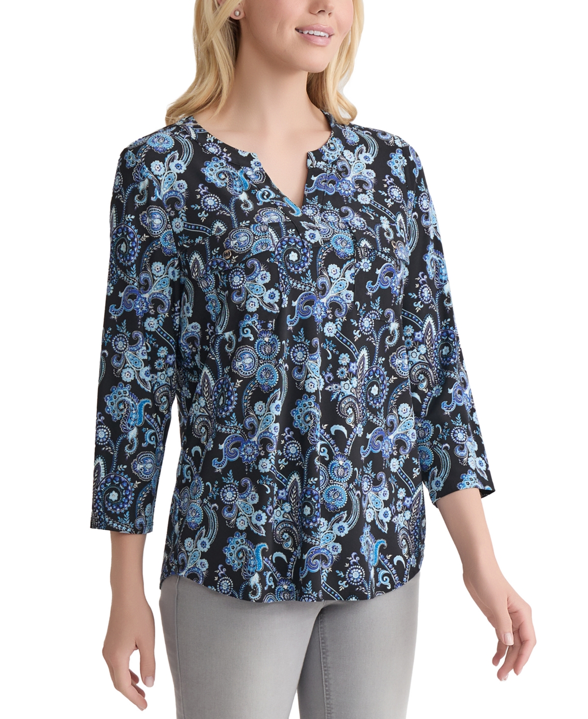 Jones New York Petite Paisley-print Utility Blouse In Blue