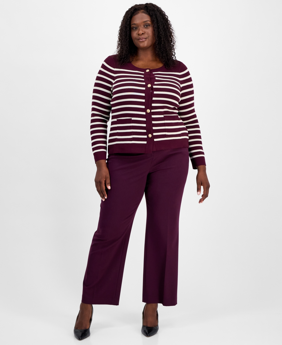 Tahari Asl Plus Size Scoop-neck Striped Cardigan In Multi