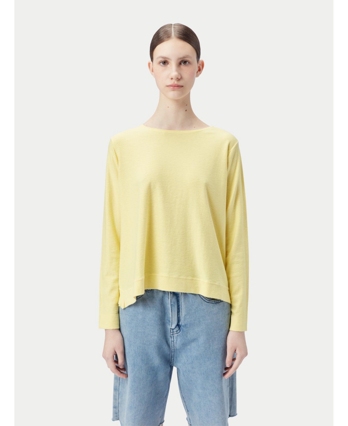Women's Boatneck Cotton Silk Cashmere Blend Sweater - Yellow