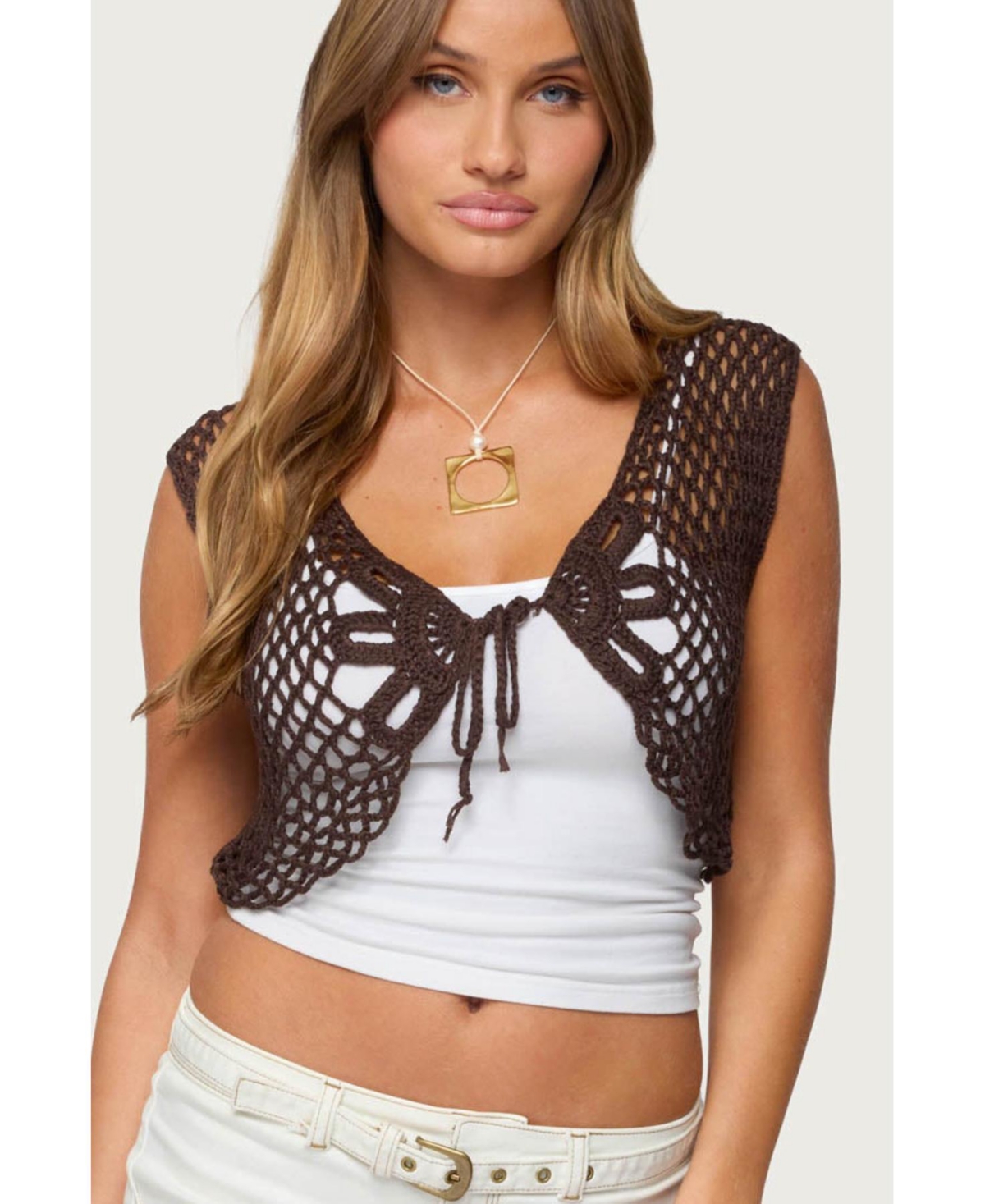 Women's Kelcie Tie Front Crochet Shrug - Brown
