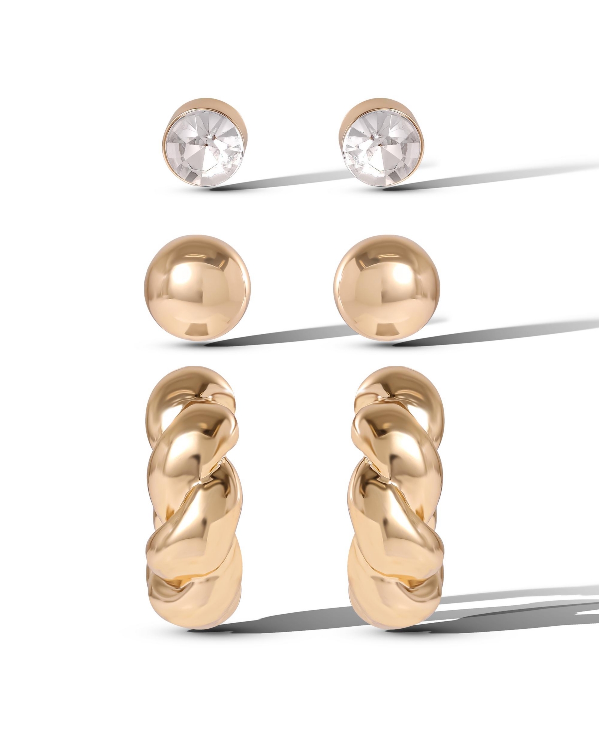 Rhinestone Hoop & Stud Earring Set of 3 - Gold/silver