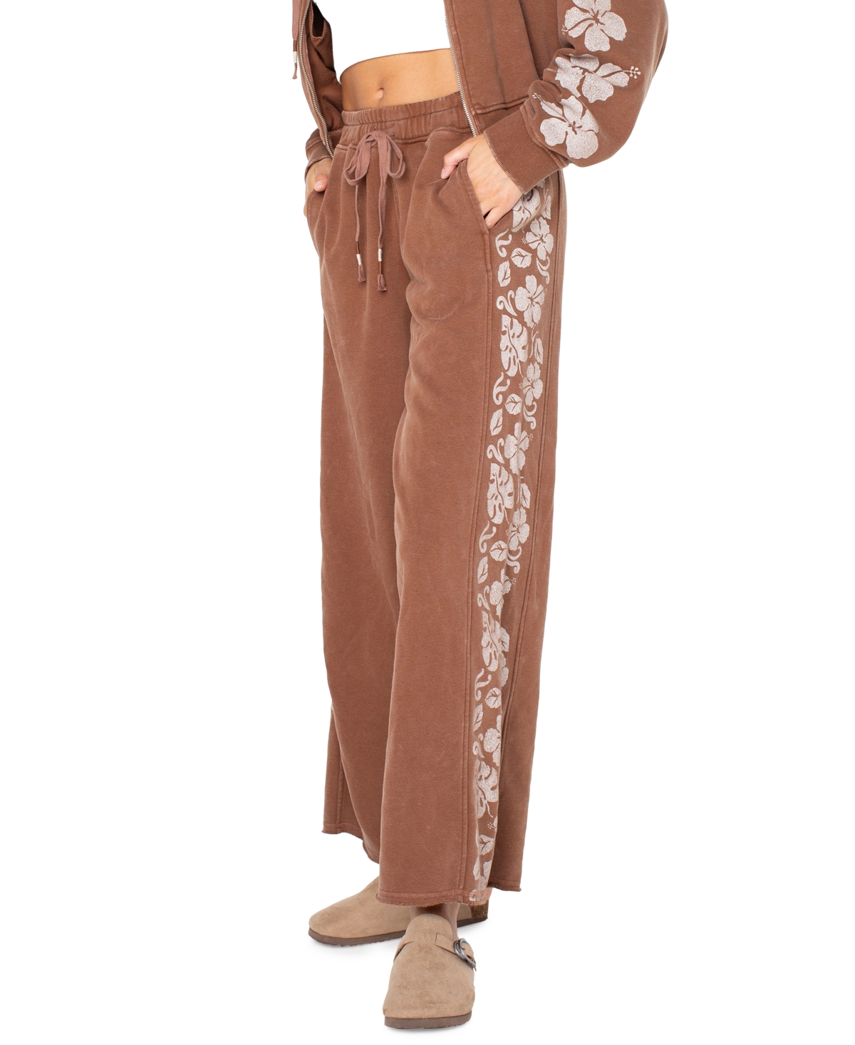 Roxy Juniors' Fringing Reefs Graphic Wide-leg Sweatpants In Brown