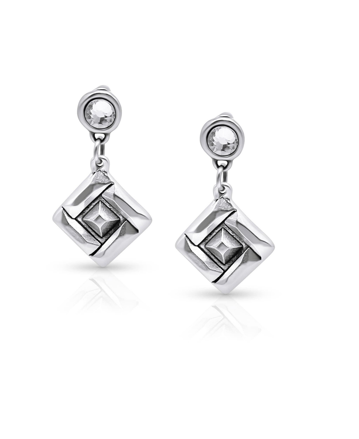 Silver Plated Cubic Zirconia Post With A Textured Diamond-Shaped Earring