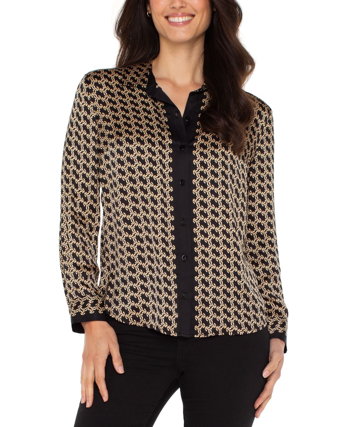 Liverpool Los Angeles Petite Printed Satin Shirt In Brown
