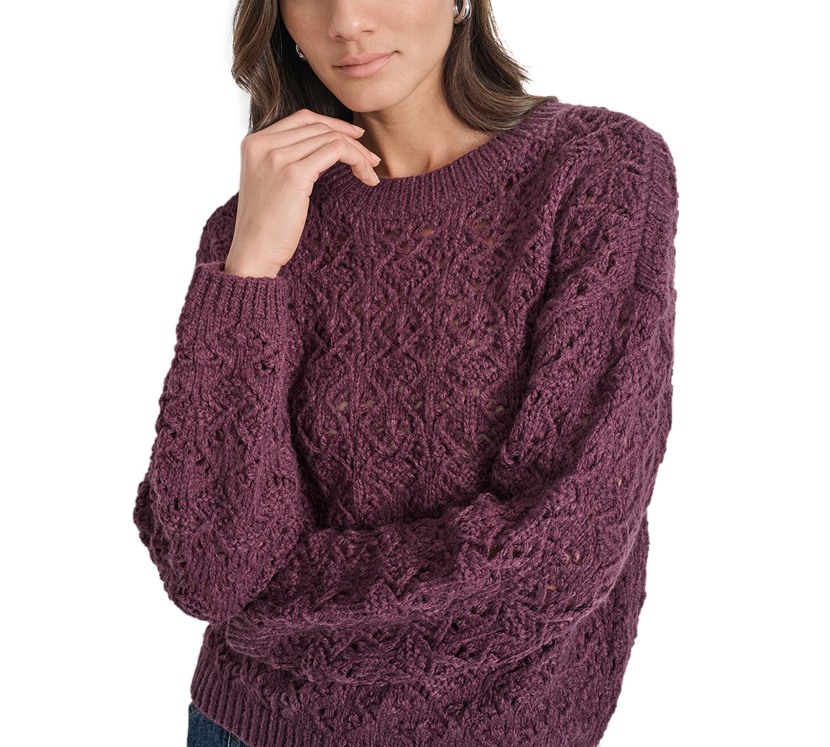Dkny Jeans Petite Pointelle Crewneck Sweater In Brown
