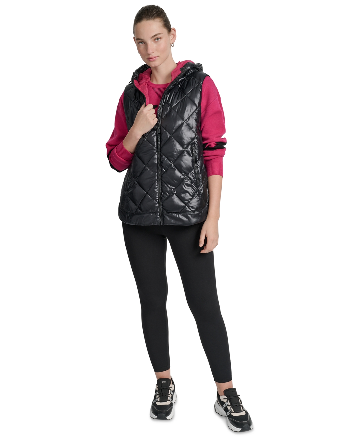 Dkny Women's Quilted Curved-hem Hooded Vest In Black