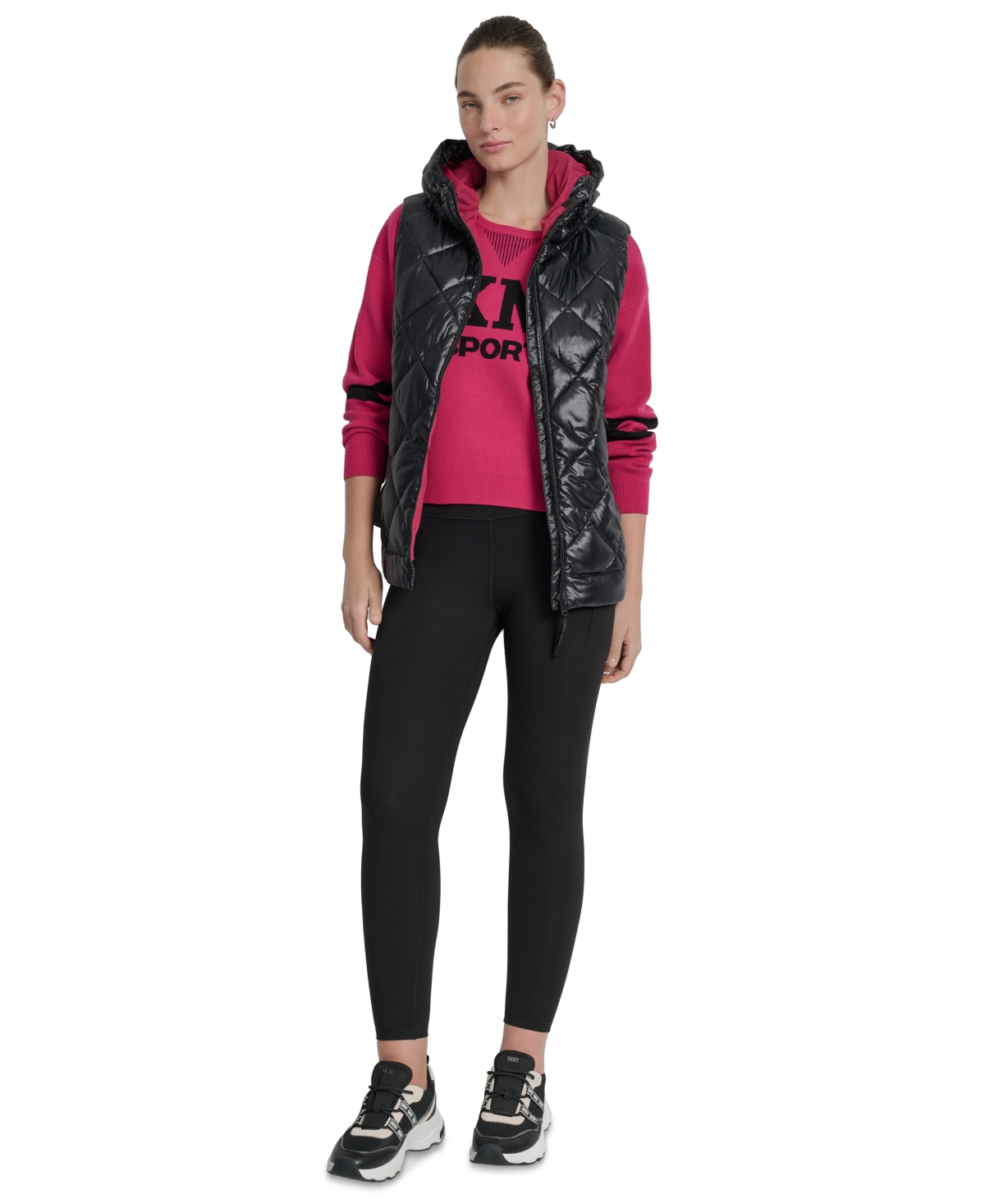 Dkny Women's Quilted Curved-hem Hooded Vest In Black