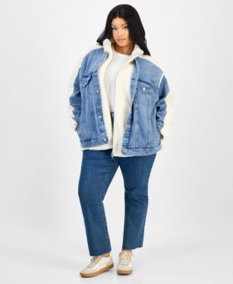 Trendy Plus Size Denim-Front Teddy Jacket, Macy's Exclusive