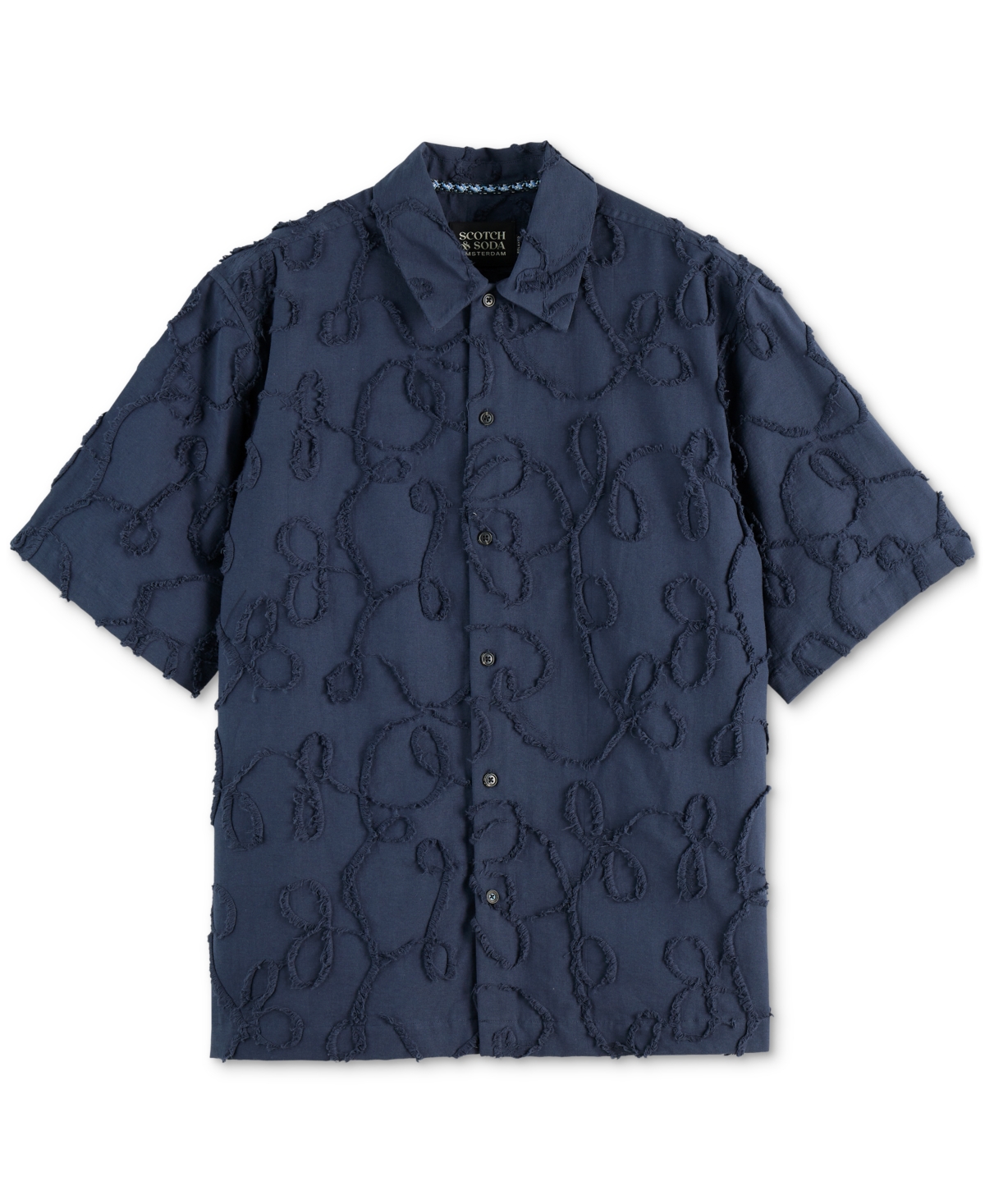 Scotch & Soda Oversize Textured Short Sleeve Cotton Blend Button-up Shirt In Blue