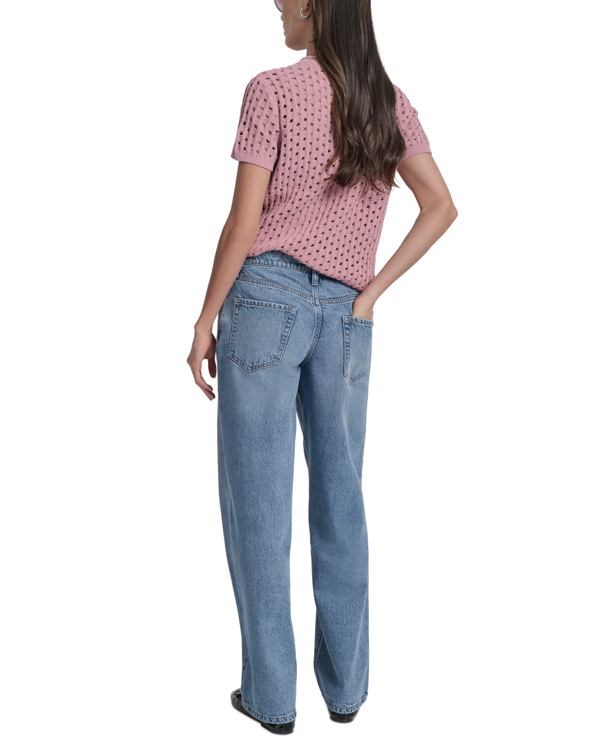 Dkny Jeans Petite Open-stitch Crewneck Sweater In Blue