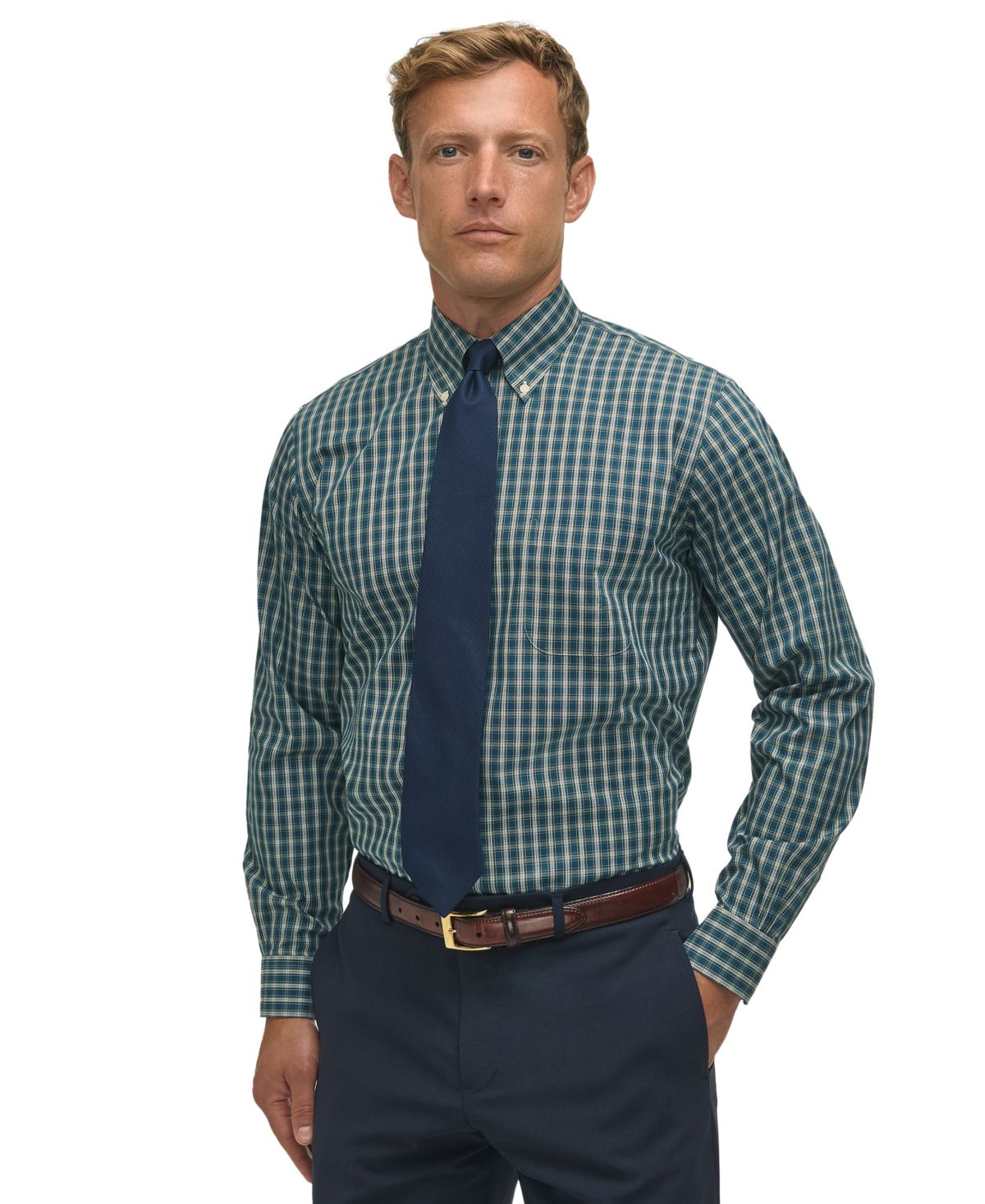 Мужская рубашка-поло обычного покроя с воротником-стойкой на пуговицах в шотландскую клетку