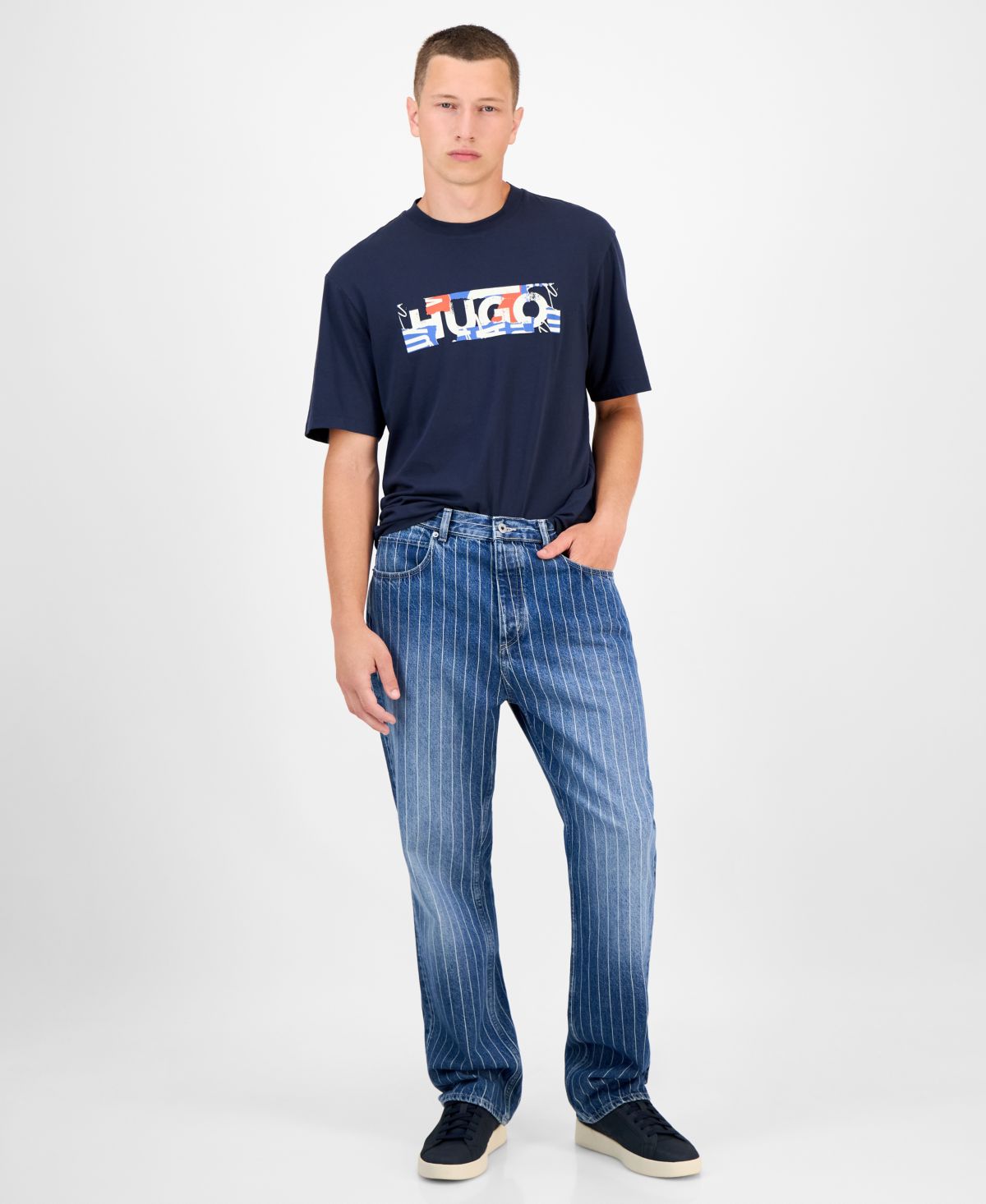 Мужские хлопчатобумажные джинсы в полоску Hugo Boss