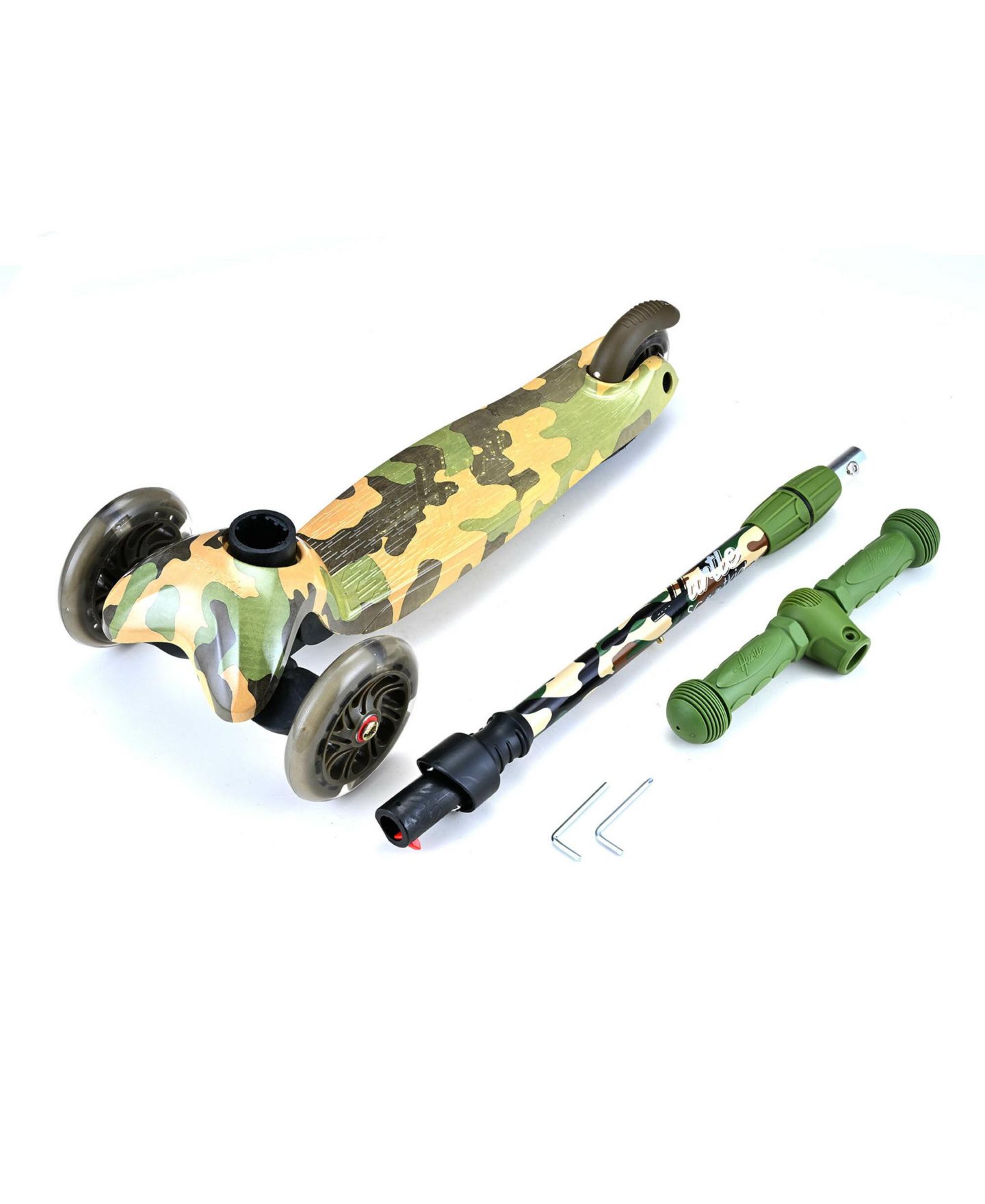 Детская игрушка Hurtle Lightweight 3-Wheel Mini Kickboard Scooter with LED Light Wheel and Adjustable Handlebar, от 3 лет, цвет: Бежевый / Хаки — фото 4