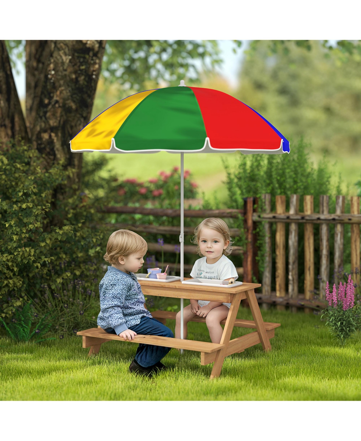 Qaba Kids Picnic Table, Wooden Outdoor Table & Bench Set with Umbrella