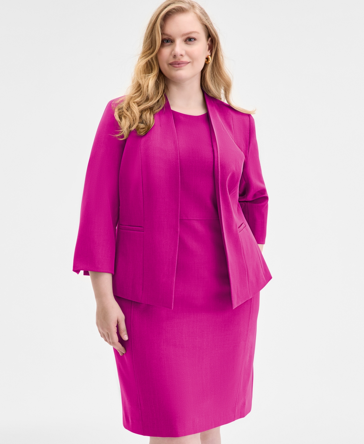 Kasper Plus Size Collarless 3/4-sleeve Blazer In Pink