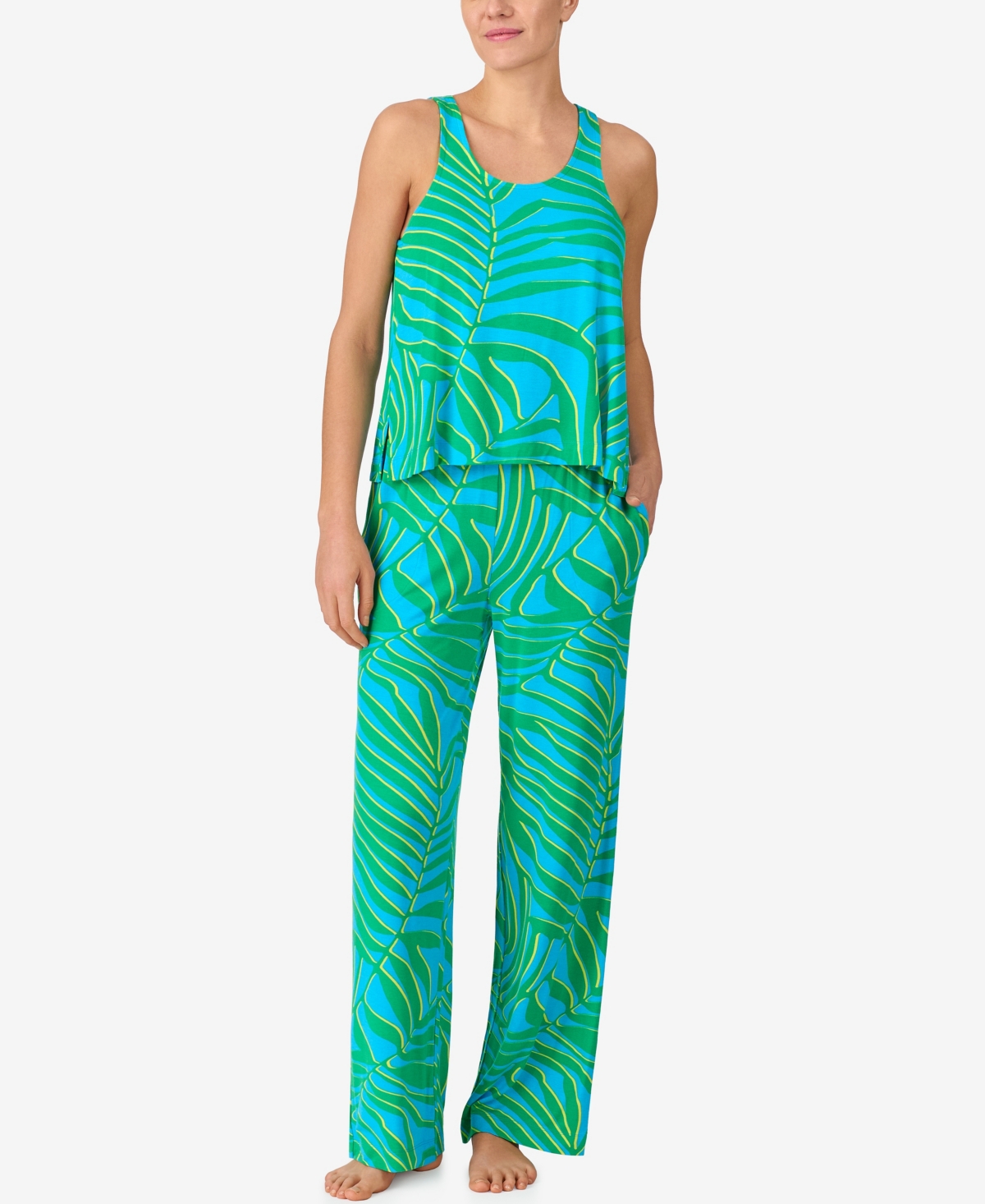 Women's Sleeveless Knit Long Flowy Pajama Set with Pockets - Blue Print