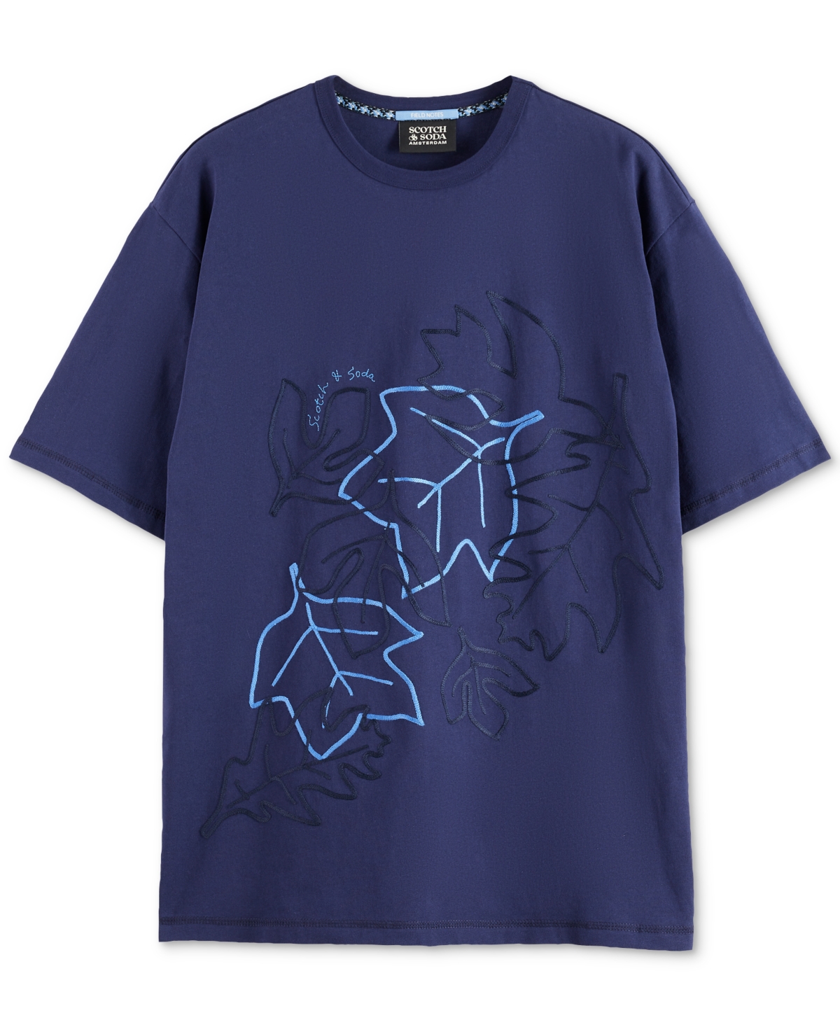 Scotch & Soda Loose Fit Leaf Embroidered Cotton T-shirt In Blue